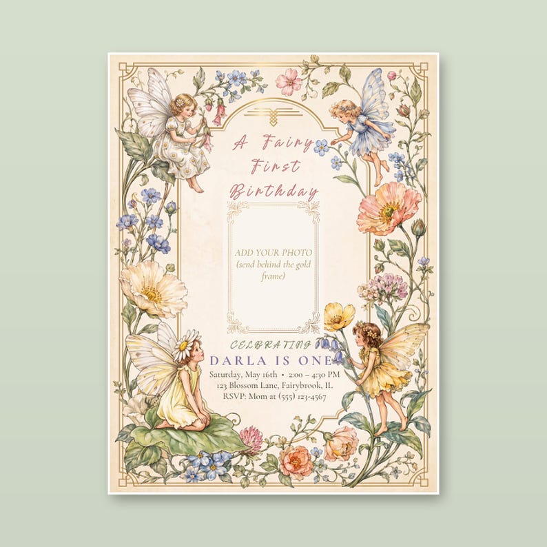 Vintage Fairy First Birthday Invitation with Photo (Canva Download) image 1