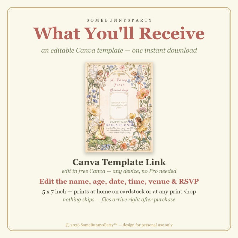 Vintage Fairy First Birthday Invitation with Photo (Canva Download) image 3