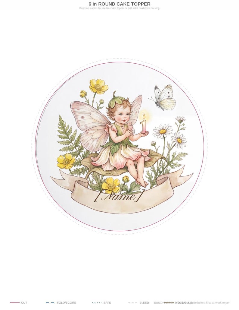 Fairy First Birthday Round Cake Topper, Editable Name (Digital Download) image 2