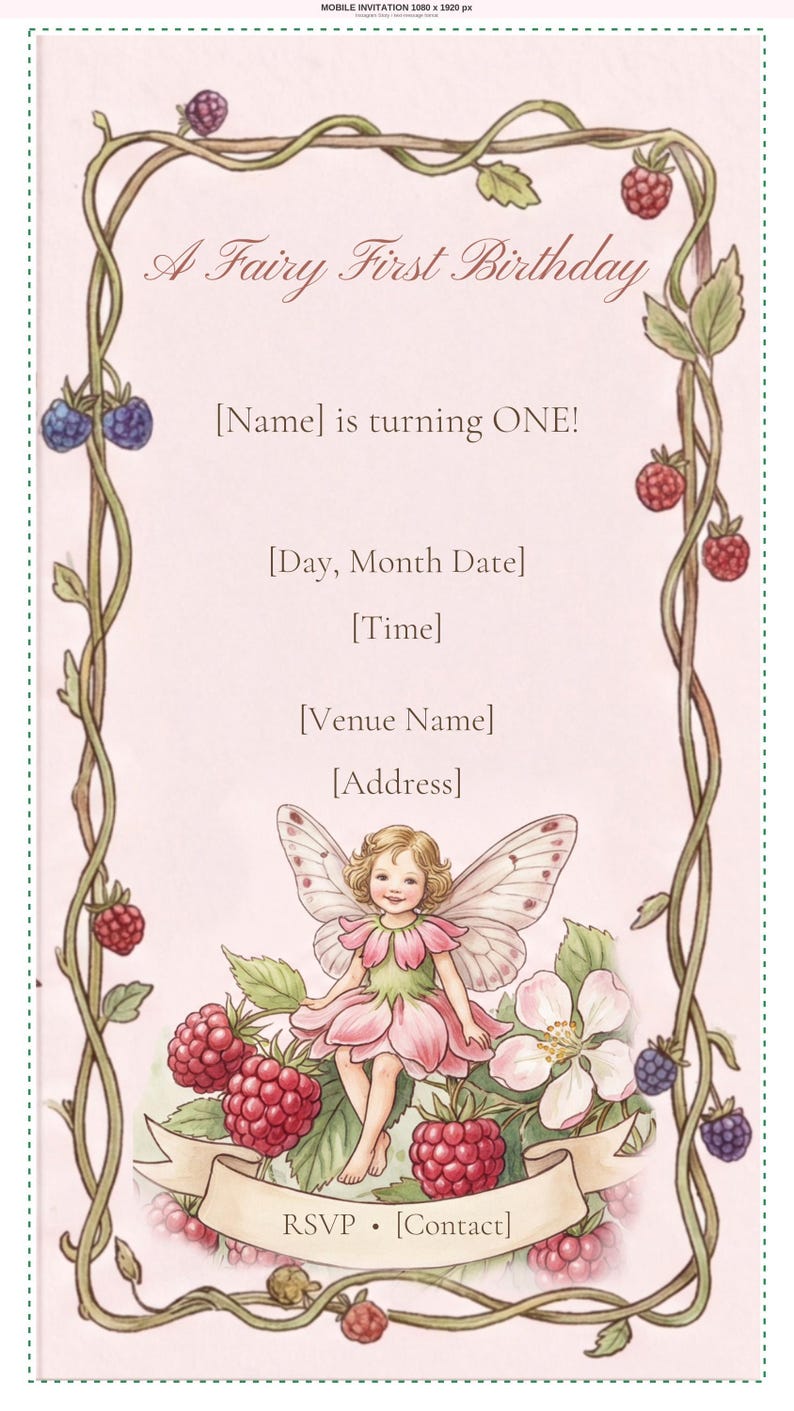 Invitación móvil para el primer cumpleaños con temática de hadas, invitación digital editable (1080x1920) imagen 2