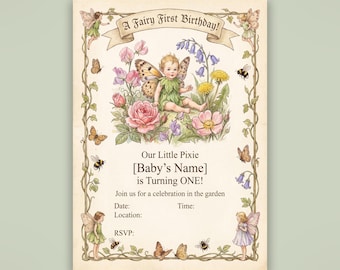 Animierte Einladung zum ersten Geburtstag mit Feenmotiv, bearbeitbare Canva-Vorlage, Garten-Pixie-Einladung (Digitaler Download)