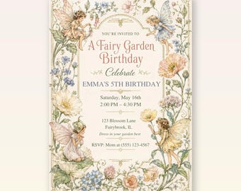 Fairy Garden Birthday Invitation, Editable Vintage Watercolor Fairy Template, Canva + PDF Download