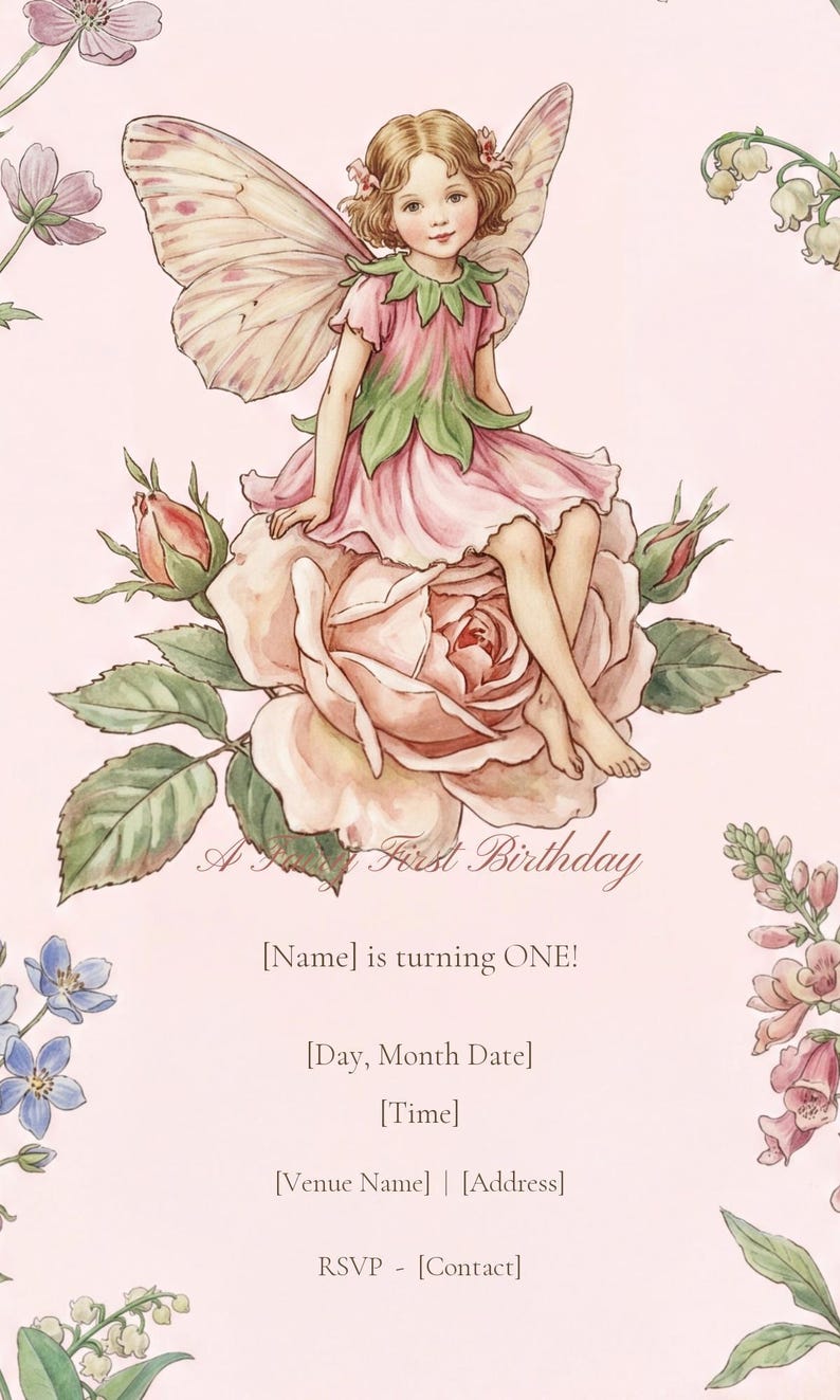 Fairy First Birthday Invitation, Mobile Evite, Rose Fairy Design (Digital Download) image 3