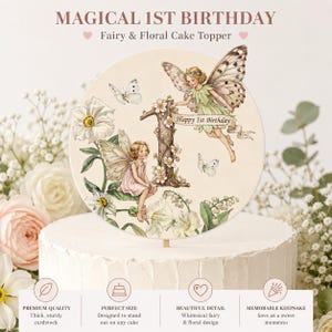 妖精のフローラルケーキトッパー、魔法のような1歳の誕生日、幻想的なデザイン（デジタルダウンロード） 画像 1
