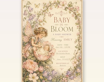 Invitation pour une fête prénatale, modèle féerique « Bébé en fleurs » modifiable, Canva + téléchargement PDF