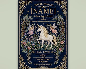 Magical Unicorn Fairy Birthday Invitation, Editable Canva Template (Digital Download)