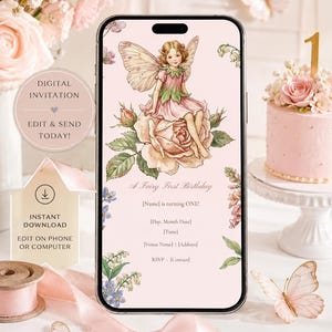 Fairy First Birthday Invitation, Mobile Evite, Rose Fairy Design (Digital Download) image 2