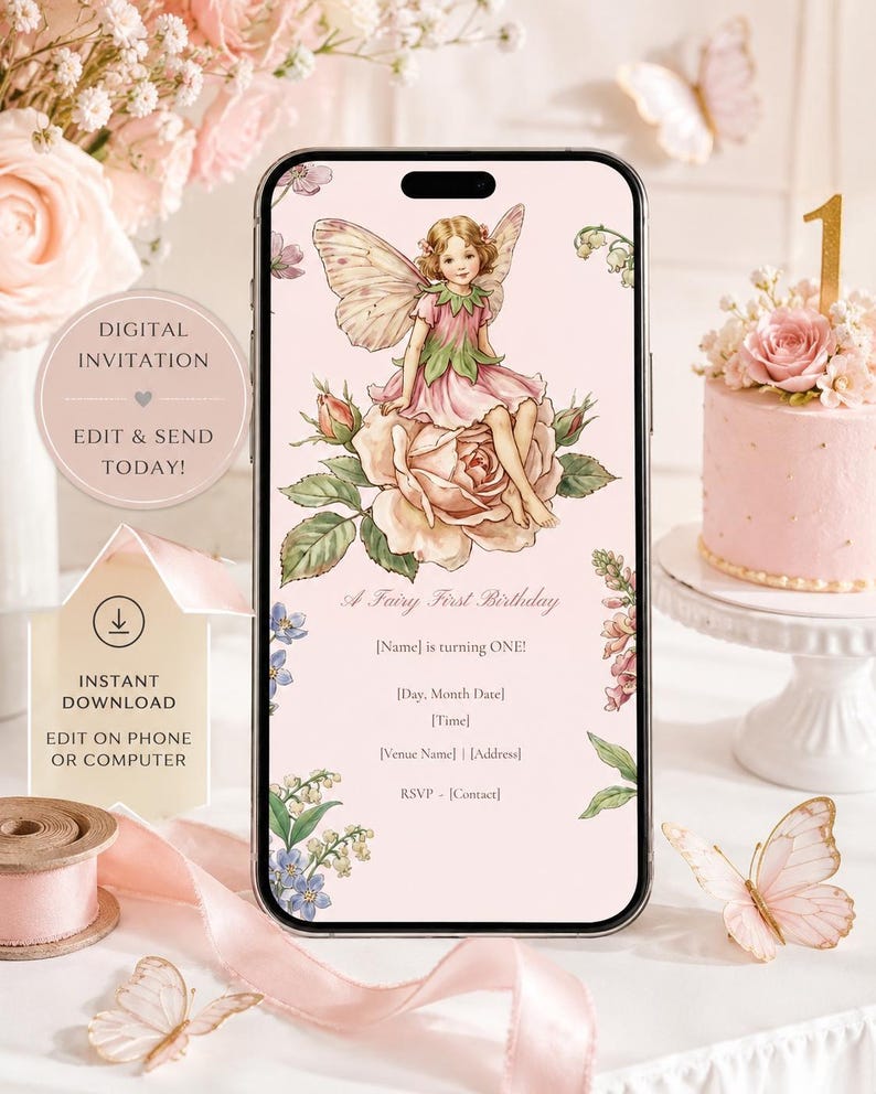 Fairy First Birthday Invitation, Mobile Evite, Rose Fairy Design (Digital Download) image 2