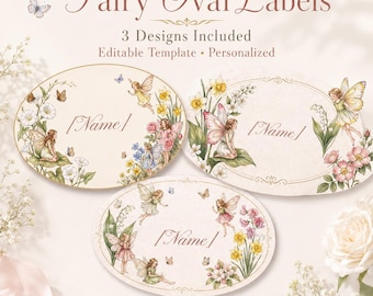 Ovale Feen-Etiketten, personalisierbare Namensschilder für Gastgeschenke (3 Designs)