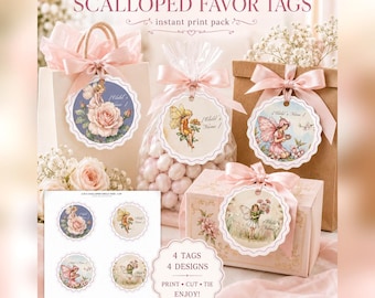 Fairy Scalloped Favor Tags, Editable First Birthday Party (Printable Download)