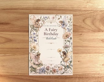 Vintage Floral Fairy Birthday Invitations, Watercolor Style Fill-In Party Cards