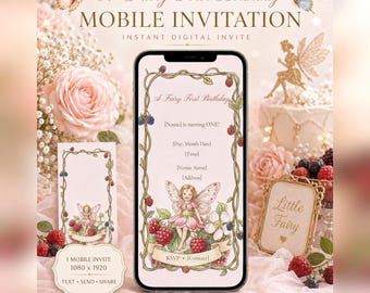 Invitación móvil para el primer cumpleaños con temática de hadas, invitación digital editable (1080x1920)
