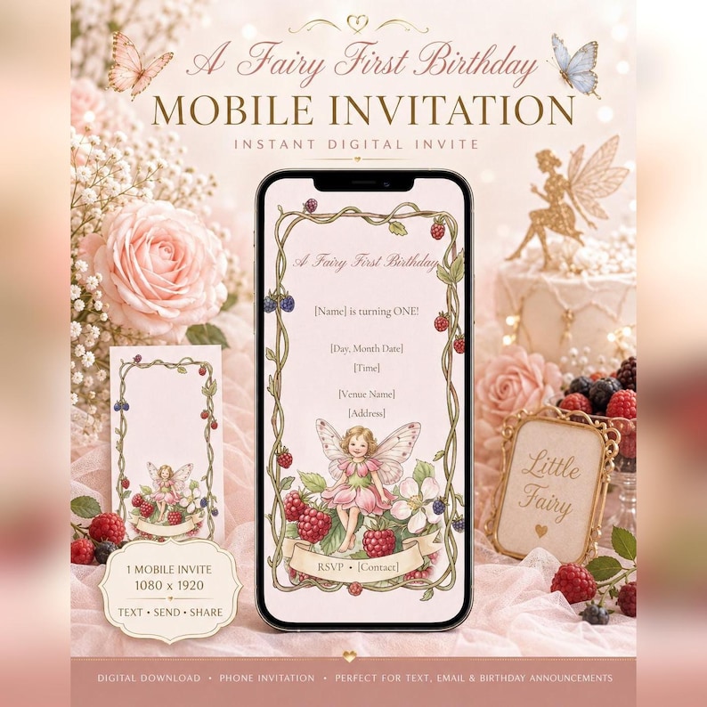 Invitación móvil para el primer cumpleaños con temática de hadas, invitación digital editable (1080x1920) imagen 1