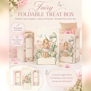 Fairy Foldable Treat Box, Editable Canva Party Favor, Personalized Name (Instant Download) image 1