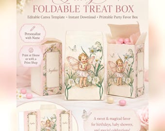Fairy Foldable Treat Box, Editable Canva Party Favor, Personalized Name (Instant Download)