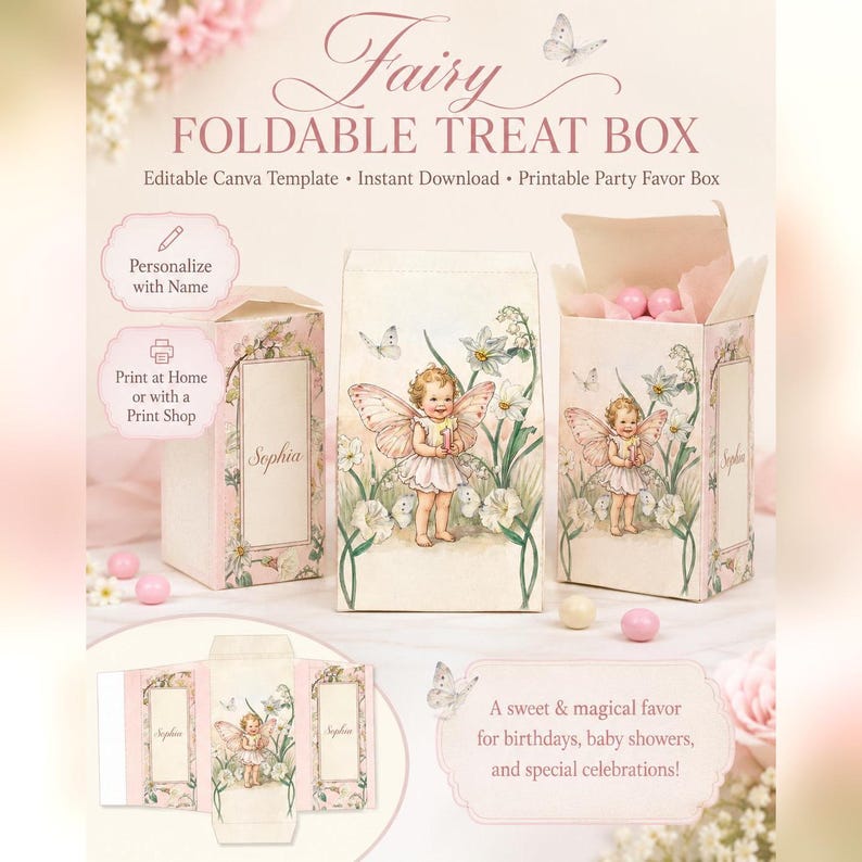 Fairy Foldable Treat Box, Editable Canva Party Favor, Personalized Name (Instant Download) image 1