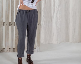 Natural linen pants JADE . Washed women loose linen trousers. Slightly tapered linen pants