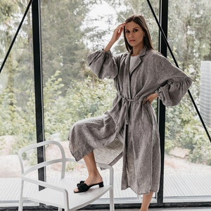 Linen jacket BOO. Full length jacket. Linen wrap dress.Long  Linen coat. Linen wrap coat . Linen shirt dress . Puff sleeves