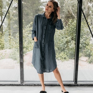 Linen shirt dress HAZEL. Knee length dress. Linen tunic dress, linen clothing for women