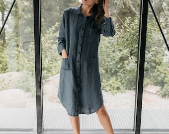 Linen shirt dress HAZEL. Knee length dress. Linen tunic dress, linen clothing for women