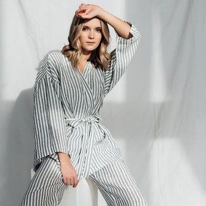 Linen wrap shirt LISA plus and wide leg pants . Linen pyjama set ,linen culottes
