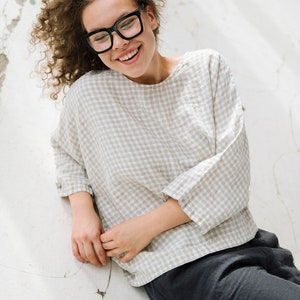 Camicia di lino a quadretti. Camicia di lino da donna, a maniche a 3/4, taglie forti, tunica, stile boho oversize.