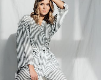 Linen wrap shirt LISA plus and wide leg pants . Linen pyjama set ,linen clothing for women