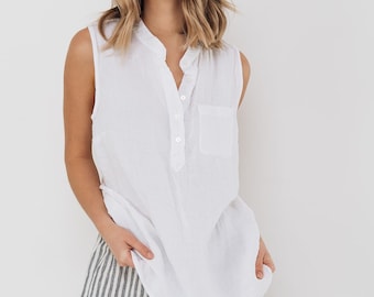 Linen shirt FREIDA . Sleeveless shirt, linen blouse, classic white  linen shirt