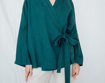 Camicia avvolgente in lino AJO / Giacca in lino / Giacca kimono oversize di ispirazione giapponese