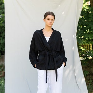 Linen jacket ROUGH . Black  jacket. Linen coat. Linen wrap coat . Linen shirt coat . Linen wrap jacket