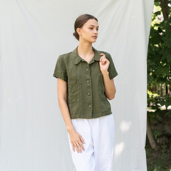 Linen crop top CORA, Linen tank top, Linen short sleeves top, Linen shirt, Linen crop top for woman