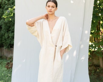 Linen wrap dress DATE .  Linen clothing for women. Linen robe, long linen dress