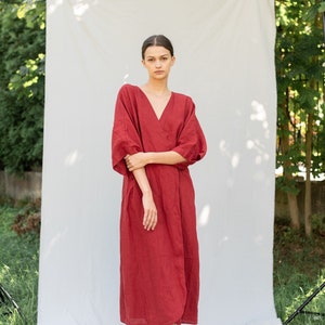 Vestido cruzado de lino. Ropa de lino para mujer. Bata de lino, vestido largo de lino.