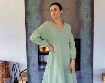 Vestido de lino ESTHER, vestido largo de lino, vestido túnica de lino con mangas abullonadas, ropa de lino para mujer