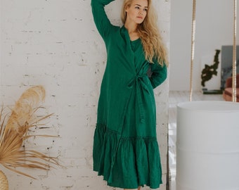Vestido cruzado de lino PARÍS. Vestido cruzado de lino. Vestido de lino con bolsillos. Vestido de lino verde, vestido largo de lino.