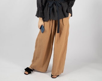 Linen pants EMMA . Wide legs linen pants with pockets . Linen trousers