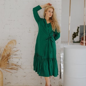 Linen  wrap dress PARIS .  Linen wrap dress  . Linen dress with pockets .Green linen dress, long linen dress