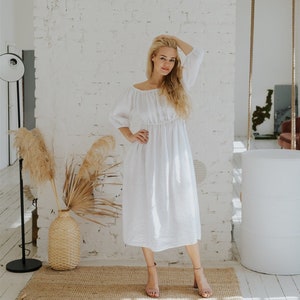 Linen dress PEONY BLOOM. Off the shoulder dress.Linen  dress.  Long linen dress . Linen kaftan,  Linen clothing for women.White dress