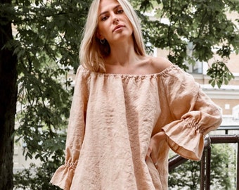 Linen dress ESTELLA . Off the shoulder dress. Linen dress long  sleeves. Linen kaftan,  Linen clothing for women.