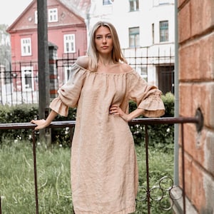 Linen dress ESTELLA . Off the shoulder dress. Linen dress long  sleeves. Linen kaftan dress
