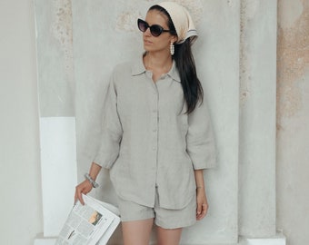 Linen shirt NATURE and linen shorts .   Linen set of shirt and shorts , boho shirt , pajama set