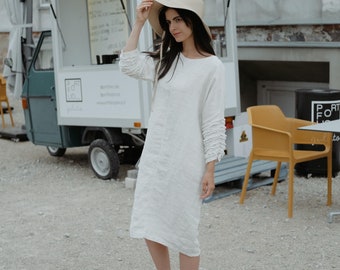 Linen dress BARCELONA . Linen dress 3/4 sleeves.  Knee length dress. Linen tunic dress