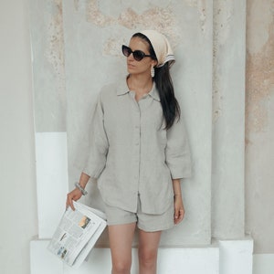 Linen shirt NATURE and linen shorts .   Linen set of shirt and shorts , boho shirt , pajama set