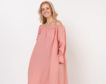 Linen dress ESTELLA . Off the shoulder dress.  Linen kaftan