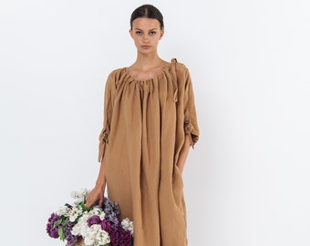 Linen dress CAMEL  with extra wide  sleeves . Linen kaftan, linen tunic dress. Linen clothing for women.
