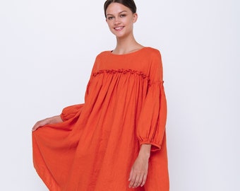 Robe en lin POPPY à manches bouffantes . Caftan en lin, robe tunique en lin. Vêtements en lin pour femmes.