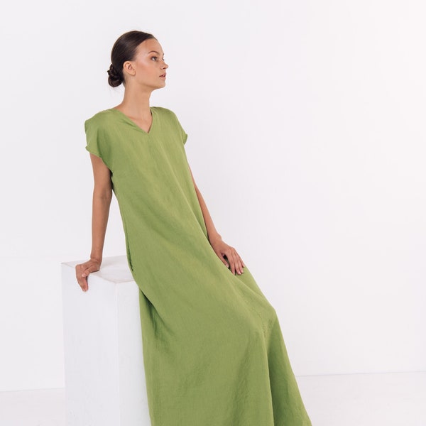 Linen dress DOR  . Long  linen dress, maxi dress,  short sleeves. Linen kaftan,  Linen clothing for women.