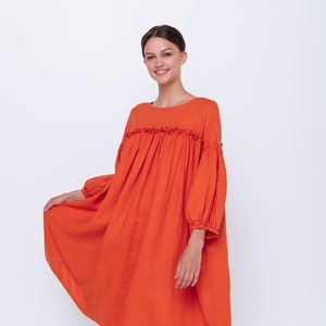 Sukienka lniana POPPY z bufiastymi rękawami. Kaftan lniany, sukienka tunika lniana. Odzież lniana dla kobiet.