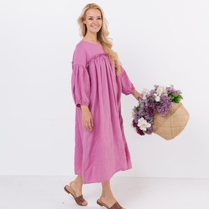 Sukienka lniana POPPY z bufiastymi rękawami. Kaftan lniany, sukienka tunika lniana. Odzież lniana dla kobiet.
