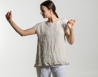 Linen shirt SOFIA .  Linen tunic shirt  relaxed fit. Short sleeves, linen top, linen short dress